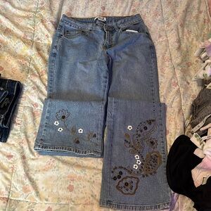 Coldwater Creek Blue Flare Jeans with Floral Embroidery